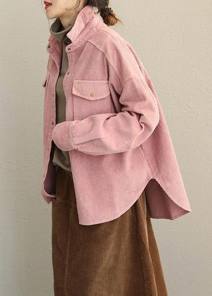 Pink and Gray Fall Loose Corduroy Short Coat for