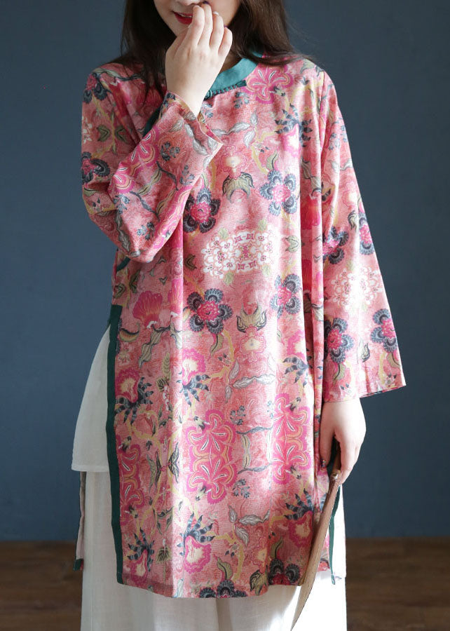 Vintage Pink button Stand Collar side open print Linen Tops Long Sleeve