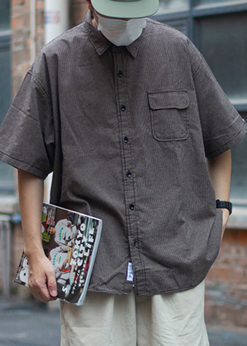 Plaid Peter Pan Collar Pockets Cotton Shirts Summer