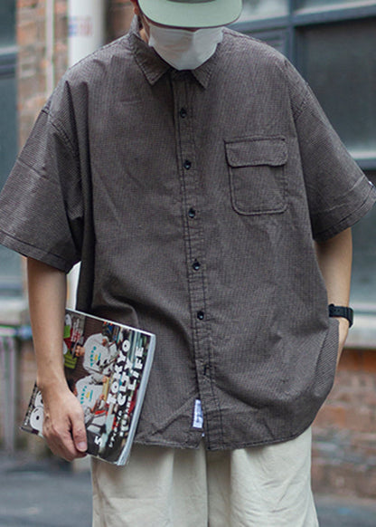 Plaid Peter Pan Collar Pockets Cotton Shirts Summer