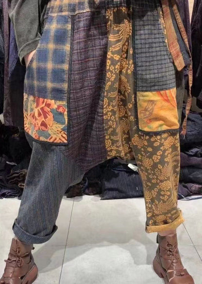 Plaid Pockets Elastic Waist Patchwork Cotton Harem Pants Fall