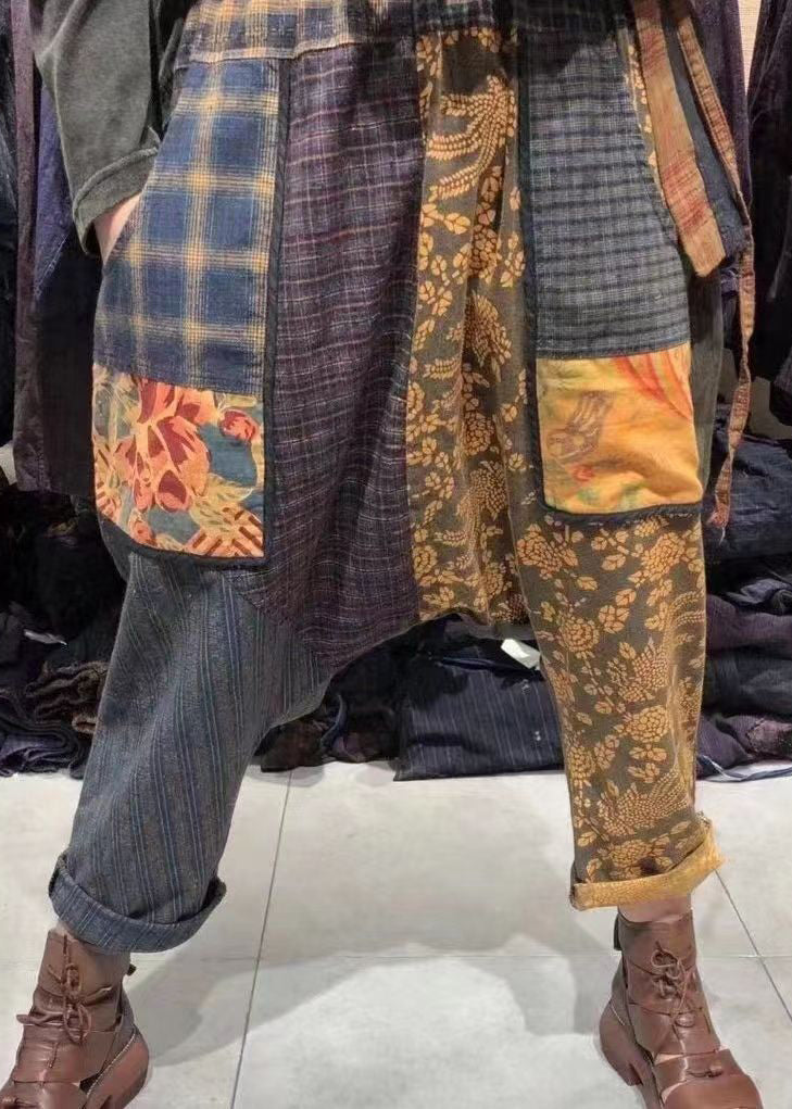 Plaid Pockets Elastic Waist Patchwork Cotton Harem Pants Fall