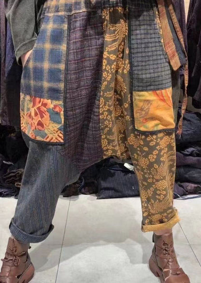 Plaid Pockets Elastic Waist Patchwork Cotton Harem Pants Fall