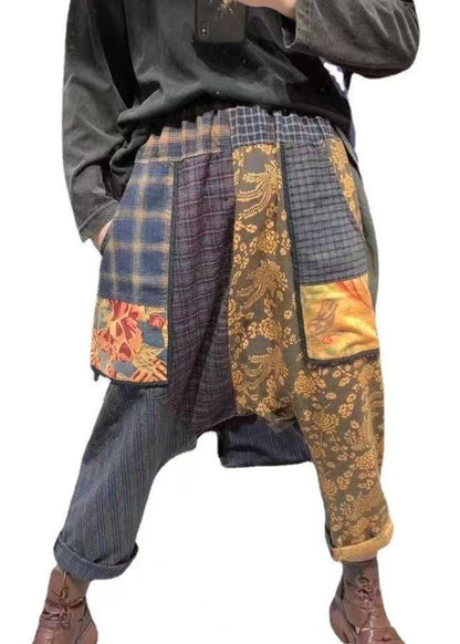 Plaid Pockets Elastic Waist Patchwork Cotton Harem Pants Fall