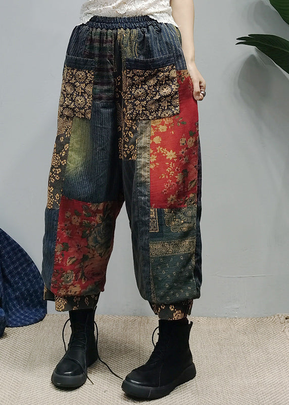 Pockets Print Elastic Waist Cotton Wide Leg Pants Fall
