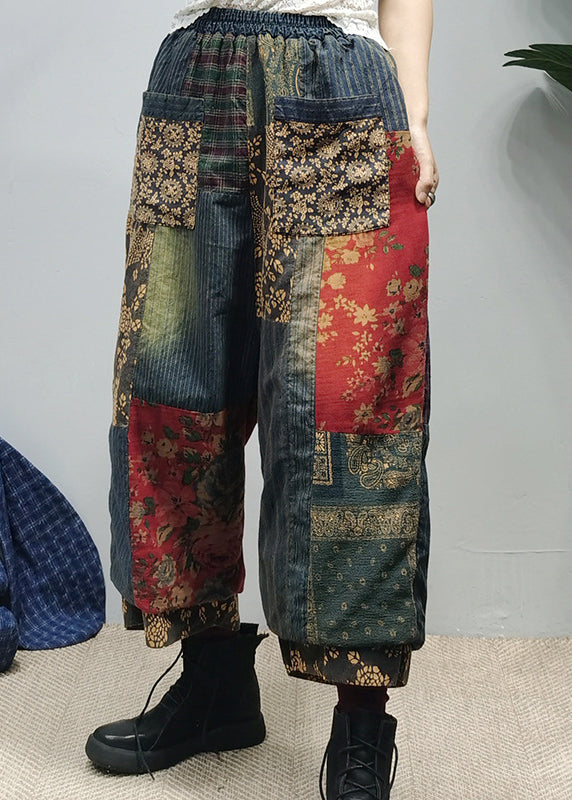 Pockets Print Elastic Waist Cotton Wide Leg Pants Fall