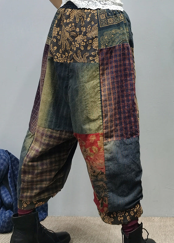 Pockets Print Elastic Waist Cotton Wide Leg Pants Fall