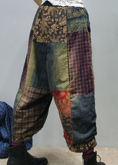Pockets Print Elastic Waist Cotton Wide Leg Pants Fall