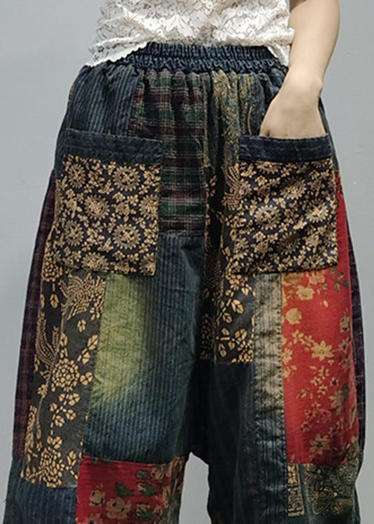 Pockets Print Elastic Waist Cotton Wide Leg Pants Fall