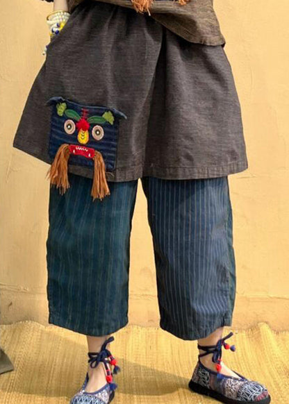 Pockets Striped Tassel Elastic Waist Linen Crop Pants Fall