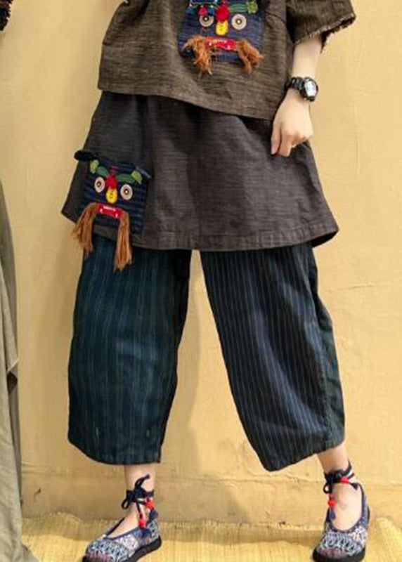 Pockets Striped Tassel Elastic Waist Linen Crop Pants Fall