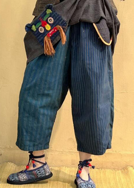 Pockets Striped Tassel Elastic Waist Linen Crop Pants Fall
