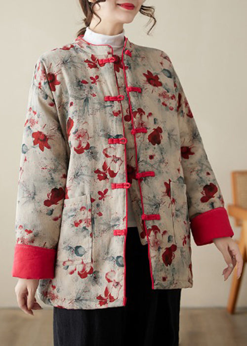 Print Button Pockets Thick Parka Stand Collar Winter
