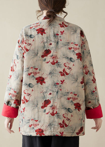 Print Button Pockets Thick Parka Stand Collar Winter