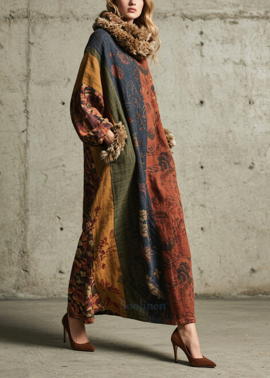 Print Patchwork Faux Fur Maxi Dresses Fall