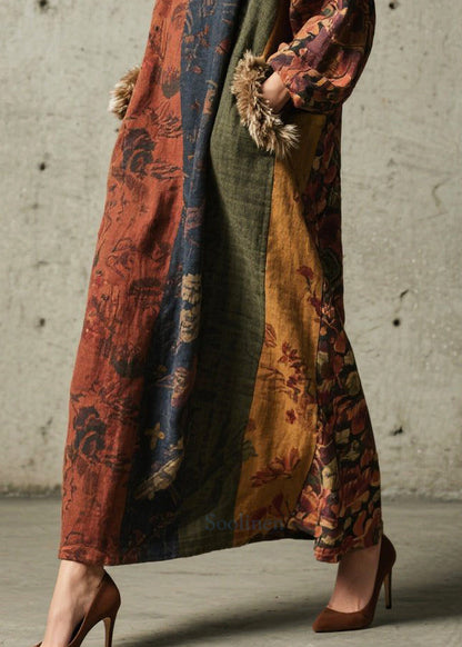 Print Patchwork Faux Fur Maxi Dresses Fall