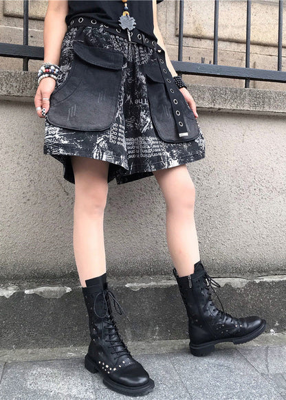 Print Patchwork High Waist Sashes Denim Shorts Spring