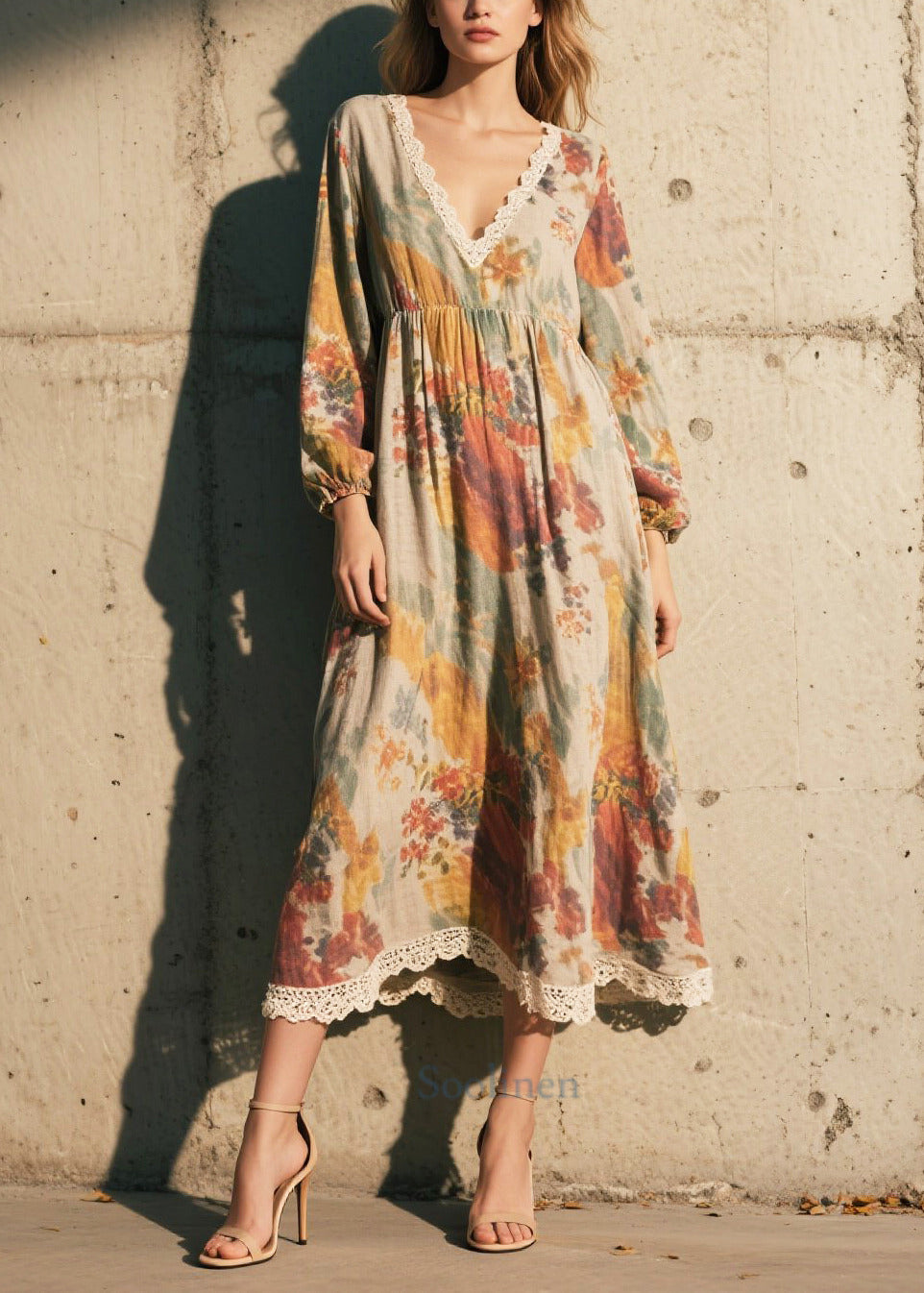 Print Patchwork Lace Cotton Long Dress Fall