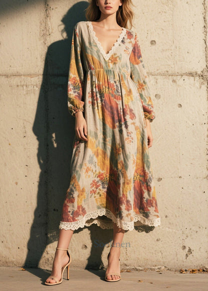 Print Patchwork Lace Cotton Long Dress Fall