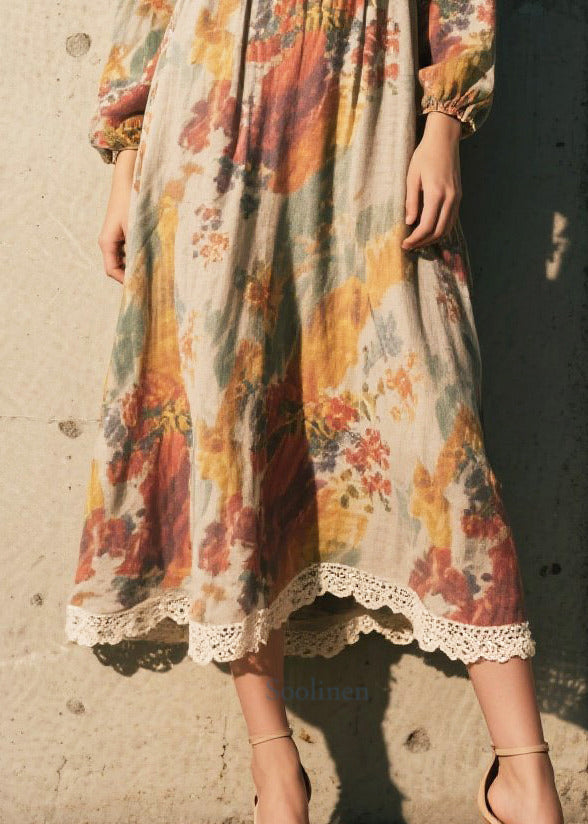 Print Patchwork Lace Cotton Long Dress Fall
