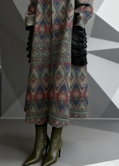 Print Pockets Patchwork Woolen Long Coat Spring