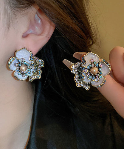 Purple Alloy Zircon Pearl Drip Glaze Stud Earrings