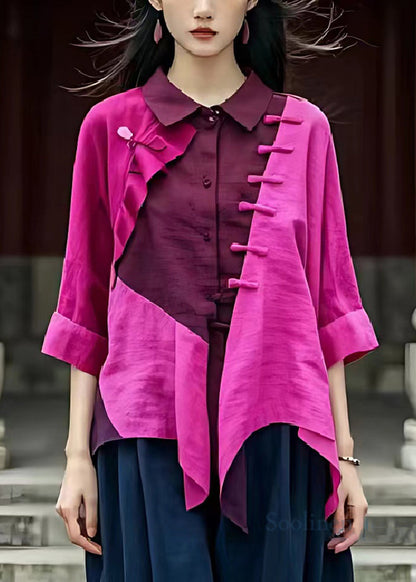 Purple Asymmetrical Patchwork Linen Shirt Top Summer
