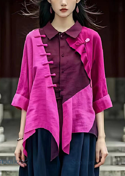Purple Asymmetrical Patchwork Linen Shirt Top Summer