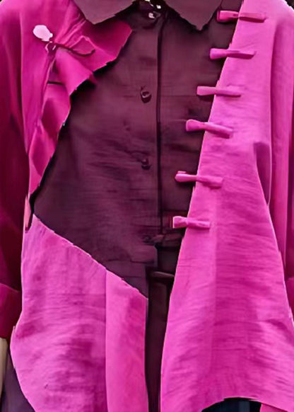 Purple Asymmetrical Patchwork Linen Shirt Top Summer