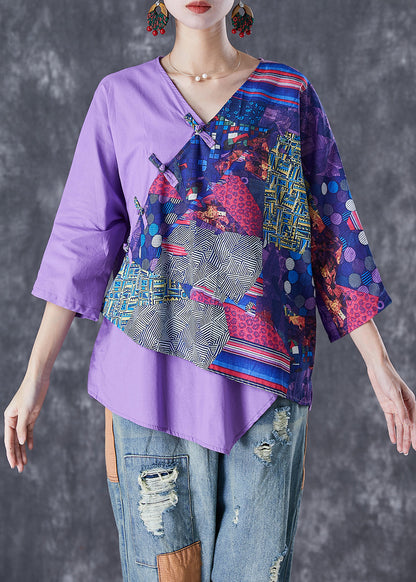 Purple Asymmetrical Print Linen Shirt Tops Summer