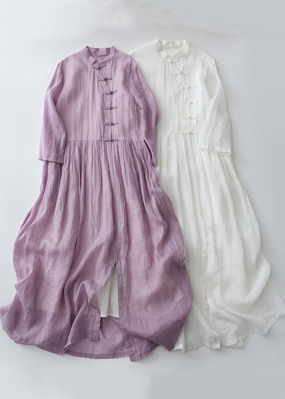 Purple Chinese Button Side Open Cotton Dresses Summer