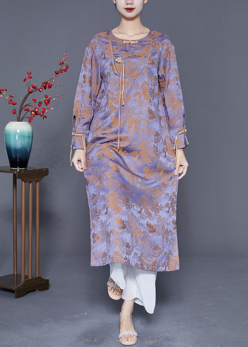 Purple Chinese Button Tassel Jacquard Silk Long Dresses Spring