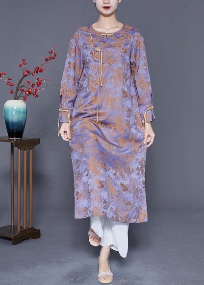 Purple Chinese Button Tassel Jacquard Silk Long Dresses Spring