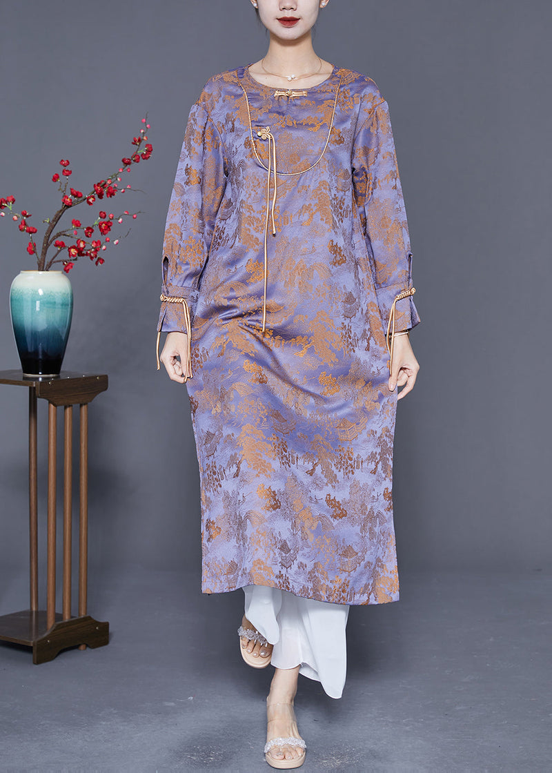 Purple Chinese Button Tassel Jacquard Silk Long Dresses Spring