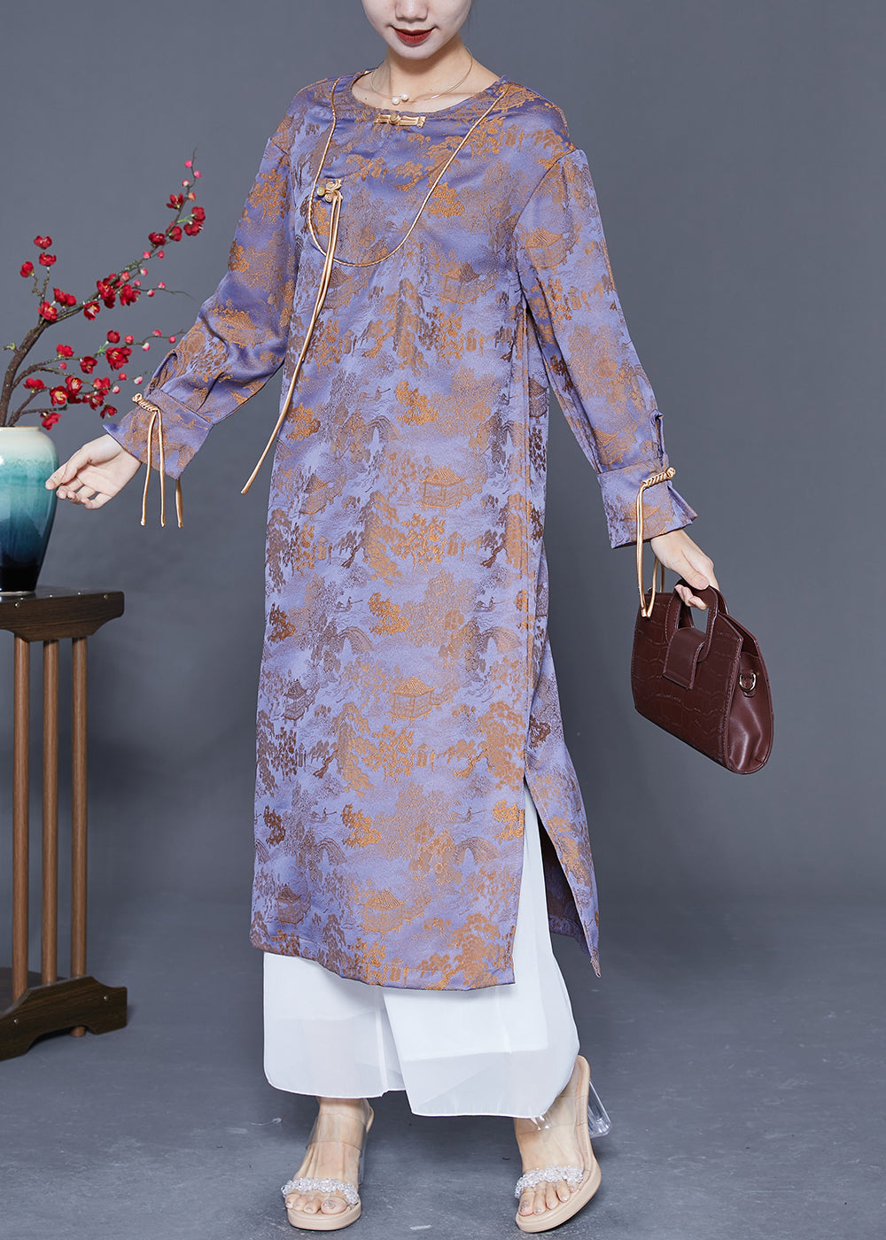 Purple Chinese Button Tassel Jacquard Silk Long Dresses Spring