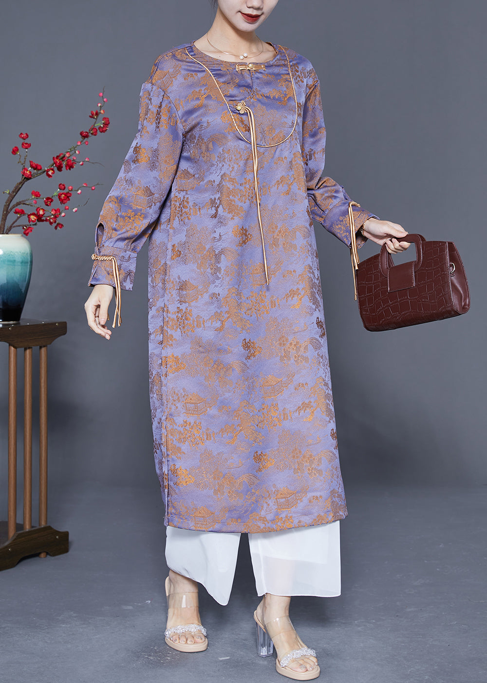 Purple Chinese Button Tassel Jacquard Silk Long Dresses Spring