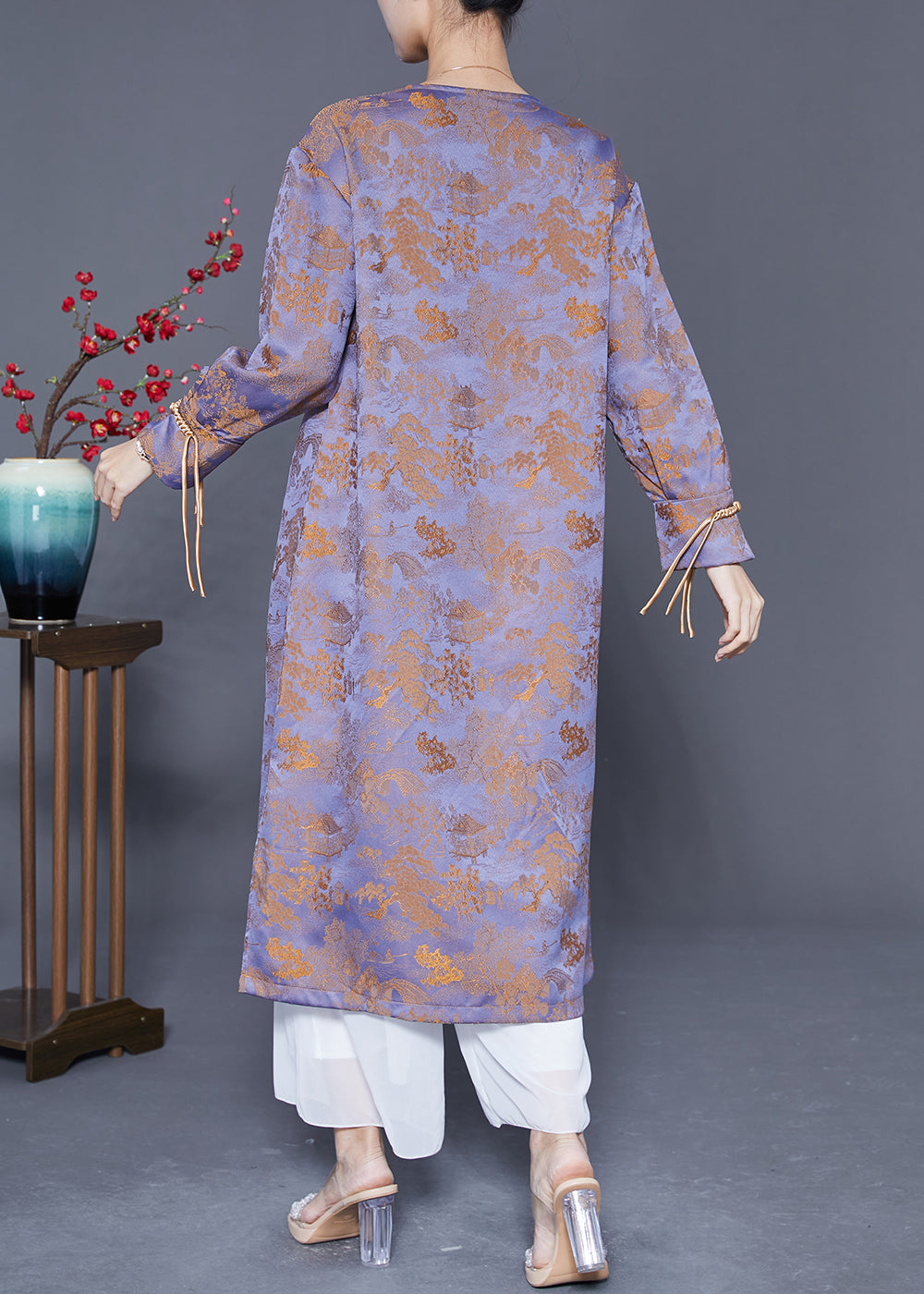Purple Chinese Button Tassel Jacquard Silk Long Dresses Spring