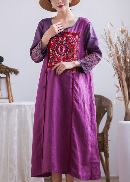 Purple Embroideried Chinese Button Patchwork Linen Long Dresses Summer