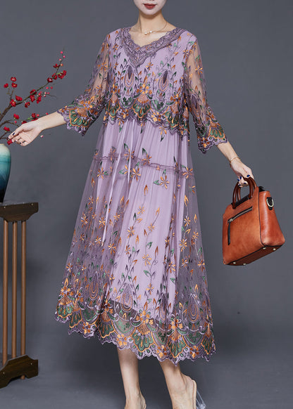 Purple Embroideried Cinched Tulle Long Dress Bracelet Sleeve