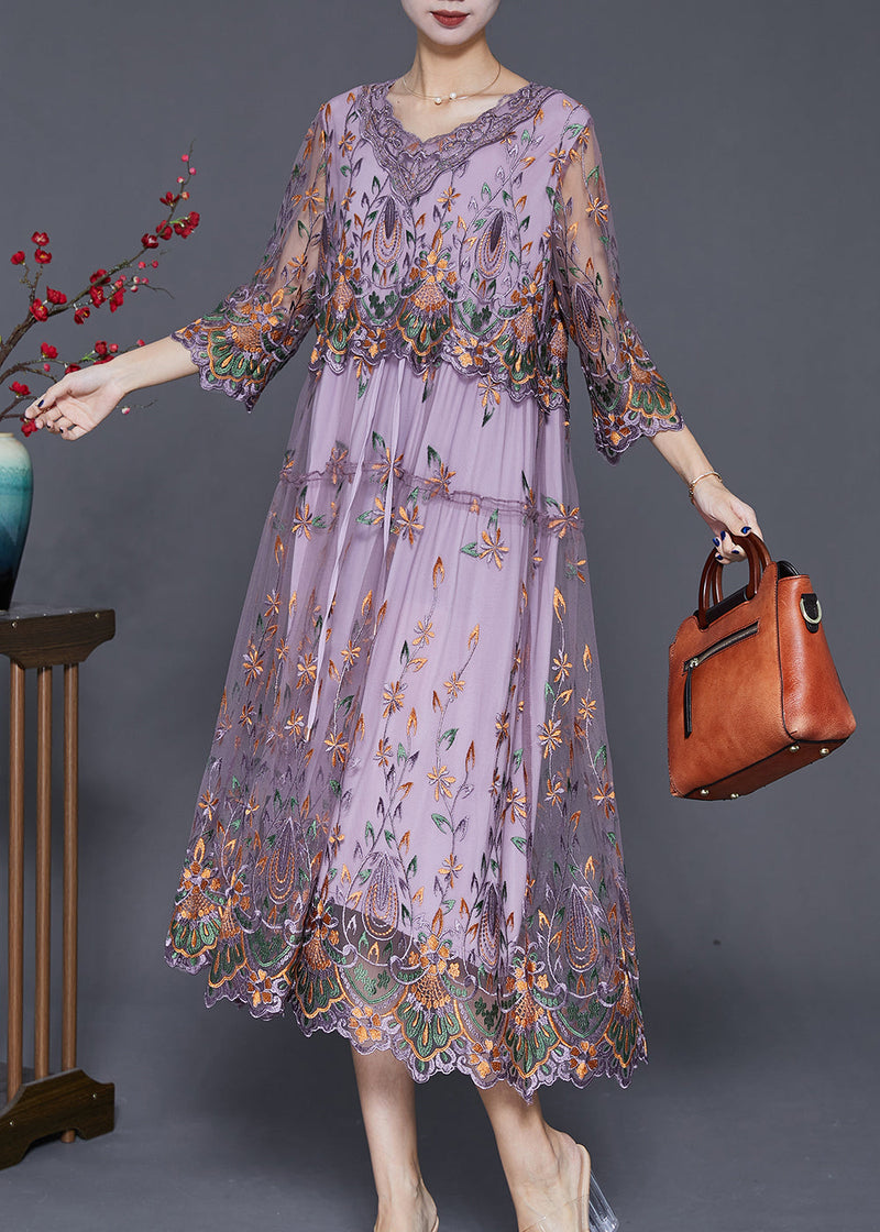 Purple Embroideried Cinched Tulle Long Dress Bracelet Sleeve