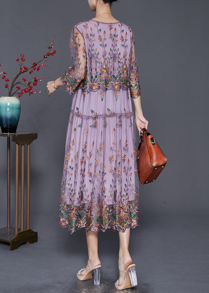 Purple Embroideried Cinched Tulle Long Dress Bracelet Sleeve