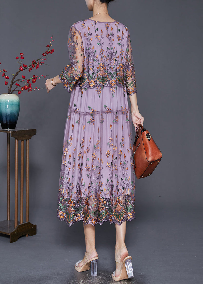 Purple Embroideried Cinched Tulle Long Dress Bracelet Sleeve
