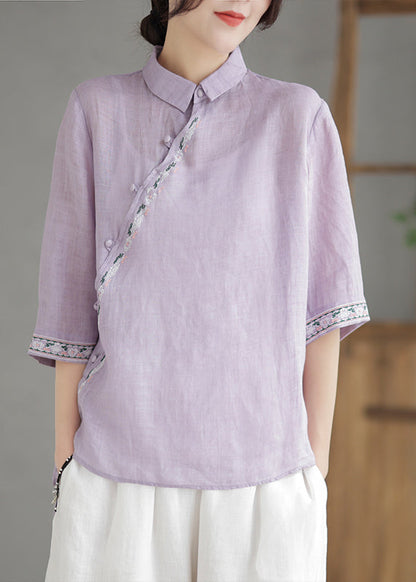 Purple Embroideried Linen Shirt Half Sleeve