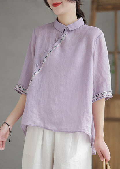 Purple Embroideried Linen Shirt Half Sleeve