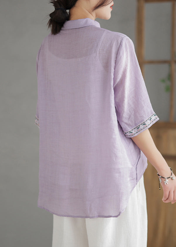 Purple Embroideried Linen Shirt Half Sleeve