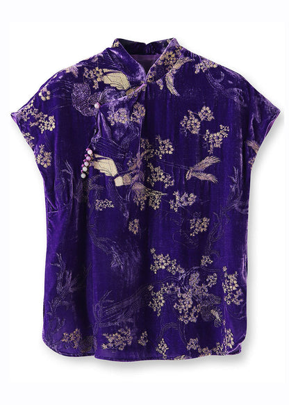 Purple Embroideried Nail Bead Button Silk Velour Shirt Short Sleeve