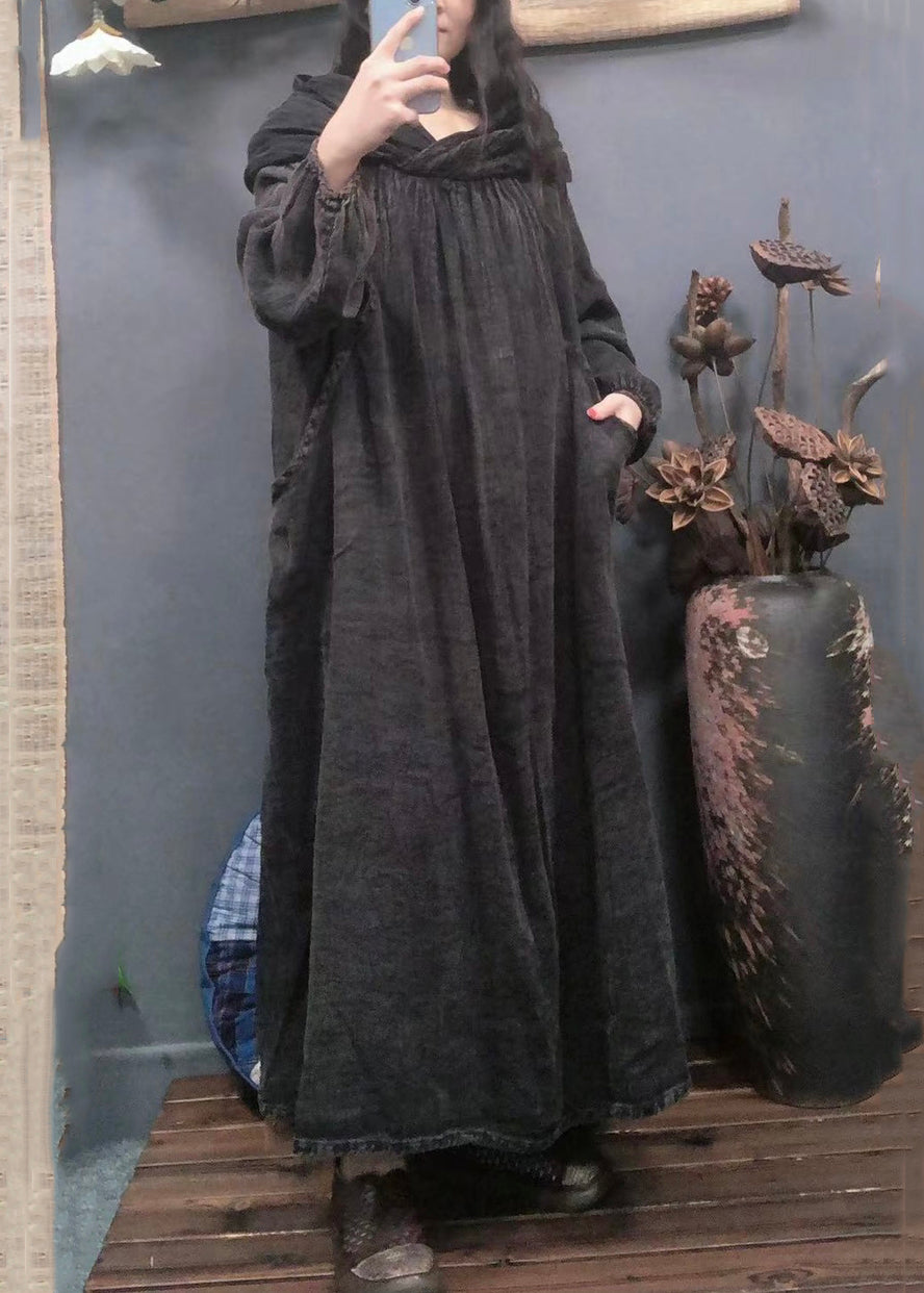 Purple Hooded Pockets Linen Long Dress Spring