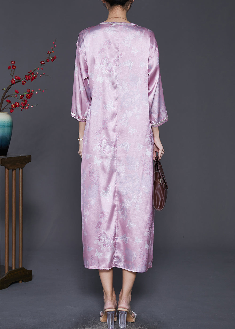 Purple Jacquard Oriental Silk Maxi Dresses Bracelet Sleeve