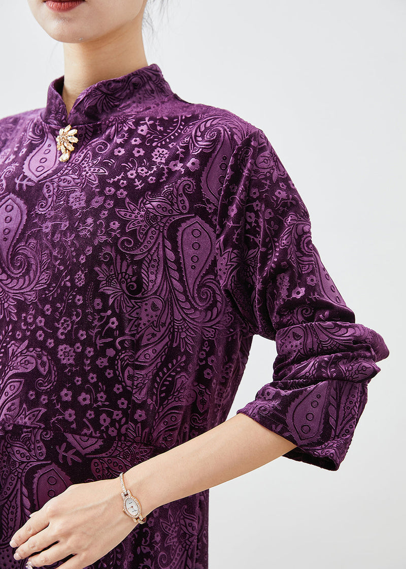 Purple Mandarin Collar Print Silk Velour Dresses Fall
