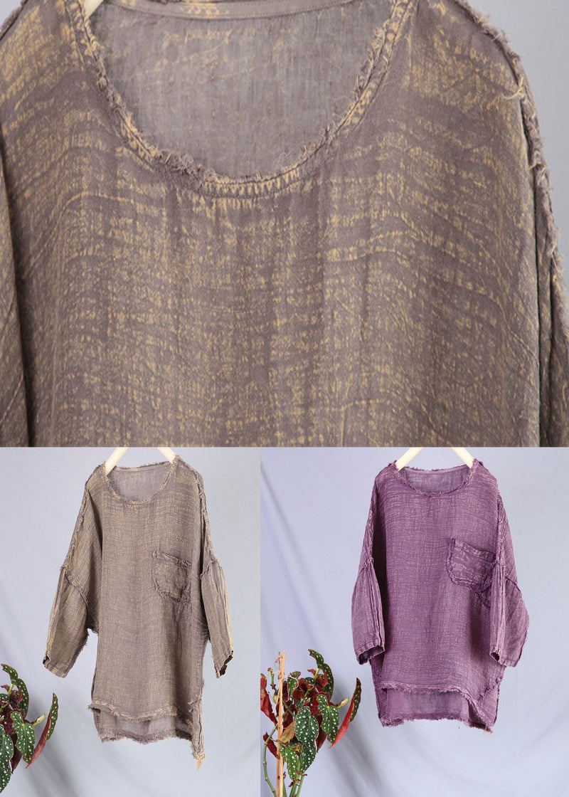 Purple O Neck Patchwork Linen Top Summer